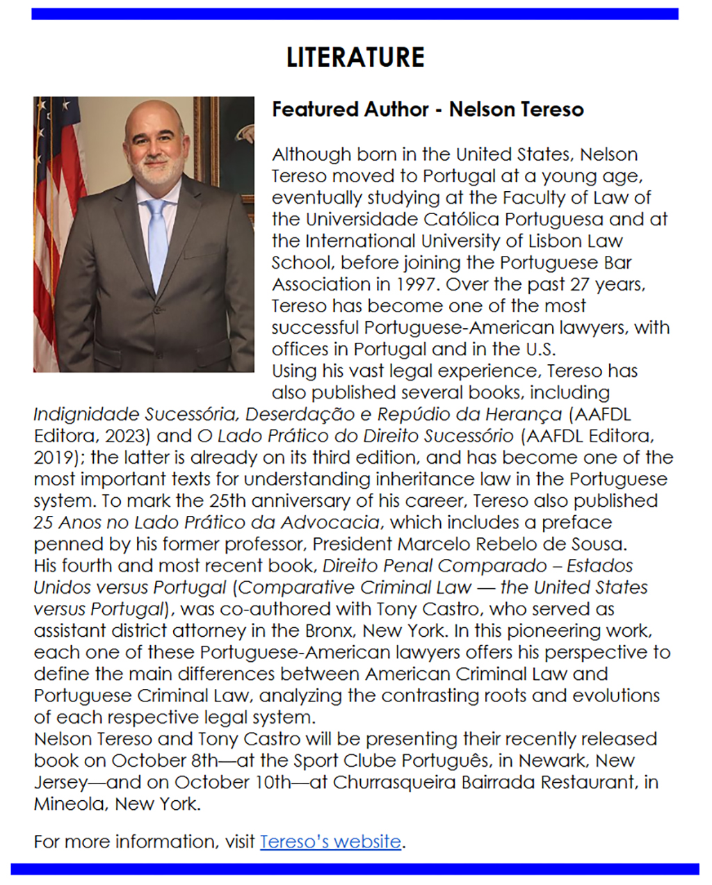 Artigo na Newsletter de Outubro do PALCUS - Portuguese-American Leadership Council of the United States